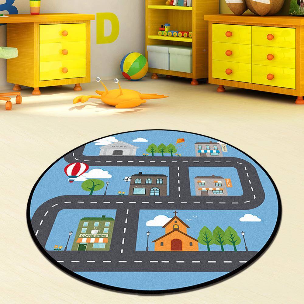 儿童汽蓝色圆地毯城市跑道马路交通形场景车UNM轨道道地垫车柔软
