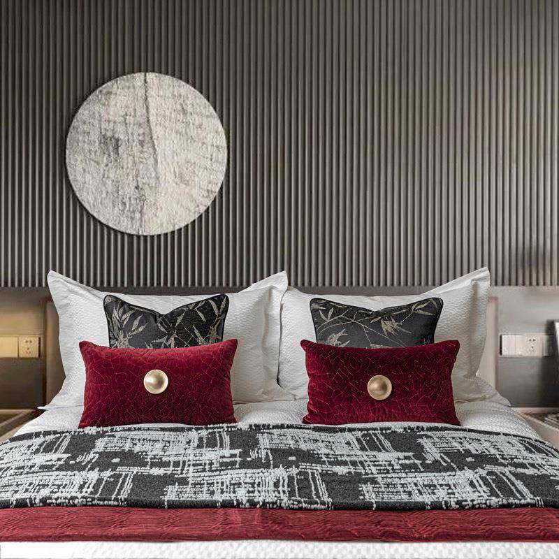 代新中式红色FNB绗棉床展旗水墨竹叶抱枕店样板间床品酒床现尾巾