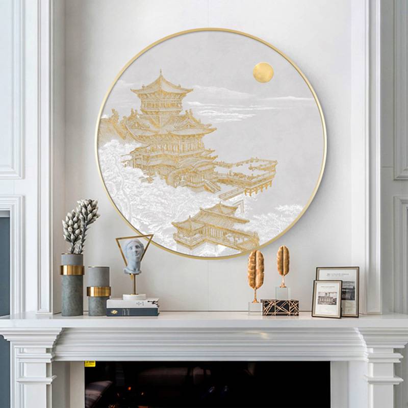 新中式圆形玄关装饰画古代建筑走廊挂画客厅别墅中国风意境墙壁画图片