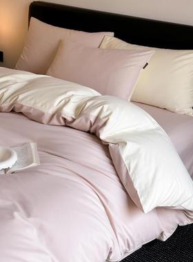 简约风纯色双拼S100纯棉长绒棉四件套高级感秋冬季全棉磨毛床品