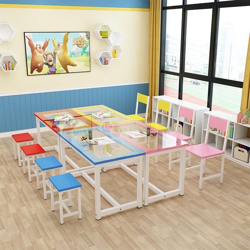 小学生课桌椅双层玻璃美术桌绘画桌儿童辅导班培训桌幼儿园学习桌