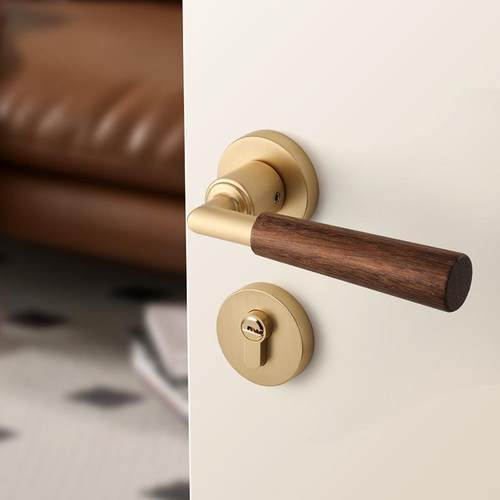 中古风门锁卧室静音磁吸室内房门锁家用复古木门胡桃木金色门把手