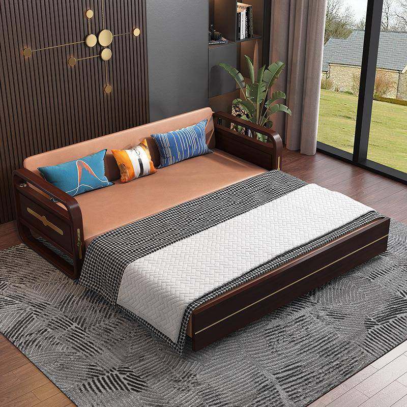 实木沙发床两用推拉折叠多功能小户型客厅金属骨架送货上门新中式