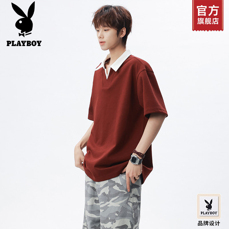 PLAYBOY/花花公子假两件学院风翻领短袖Polo衫男士夏季休闲上衣K