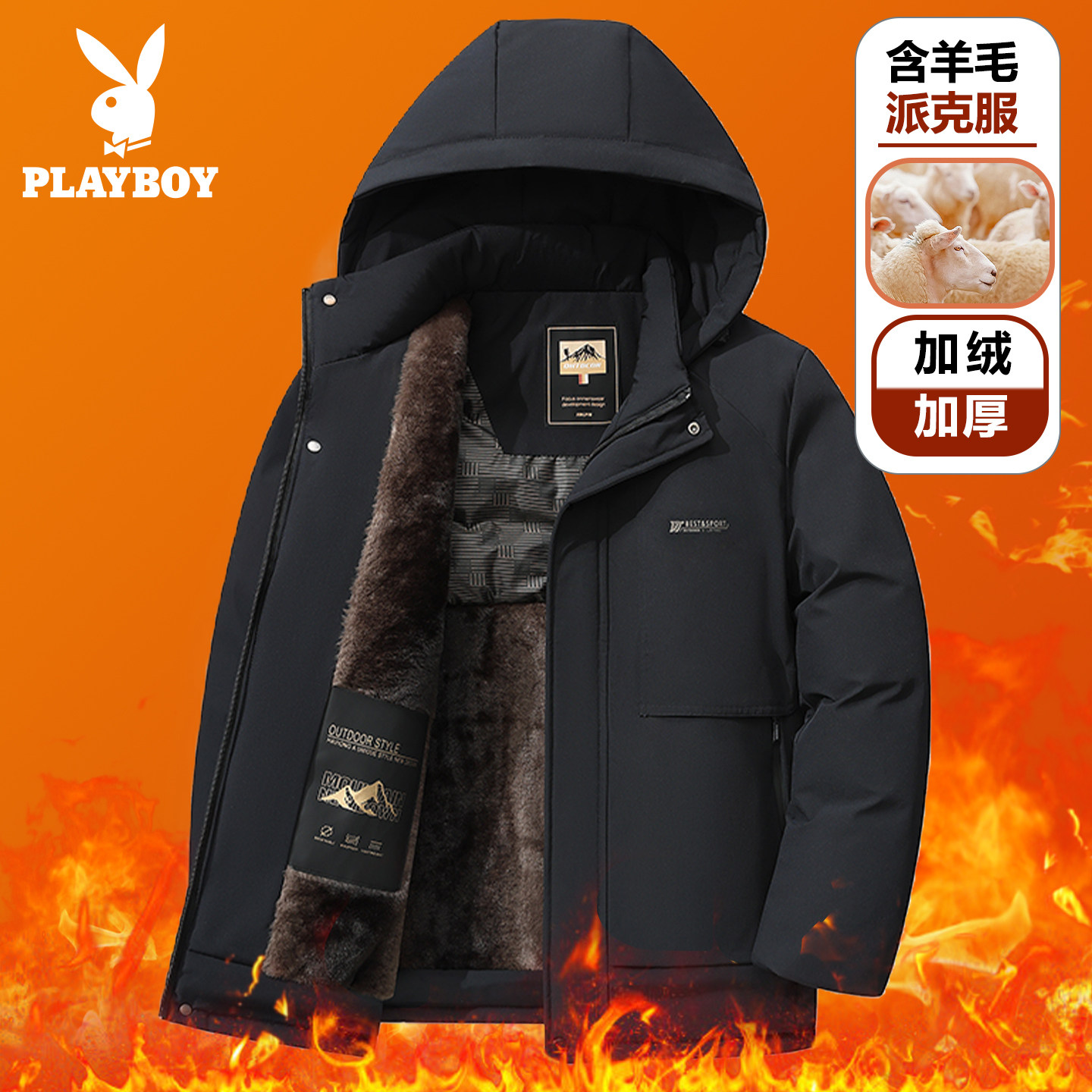 花花公子绵羊毛派克服棉衣男冬季中老年爸爸装袄子加绒加厚外套C