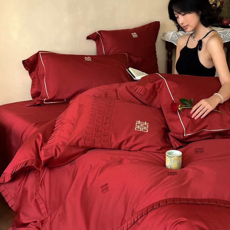 新婚快乐~庆四件套全棉0CC00S长绒喜字棉刺绣红色结婚婚被套床1单