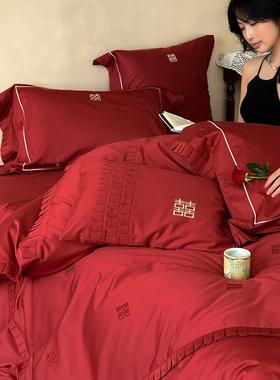 新婚快乐~庆四件套全棉0CC00S长绒喜字棉刺绣红色结婚婚被套床1单