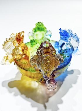 古法璃宝四方纳财琉聚盆风水FZP摆件工艺品琉璃金元蟾宝招财办公