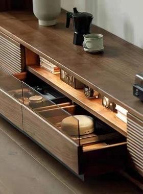 实北美黑胡全木地台电桃视柜意式轻FIL奢木电视柜客厅电视柜实茶