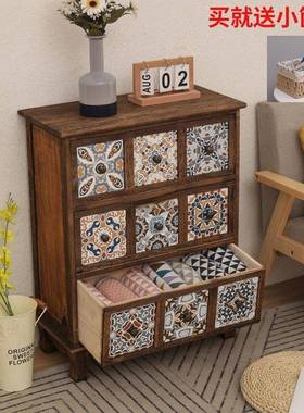 纳DWQ家用客厅木质储柜斗彩绘柜复古卧室收柜美式黑物胡桃色