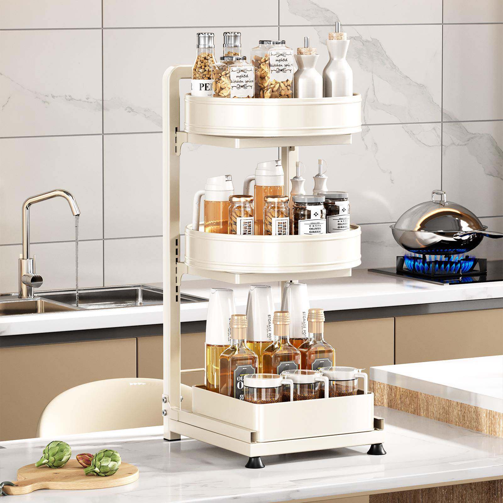 转旋转无品牌/调料置物厨架房调料品架子品三层台面角多功能调味