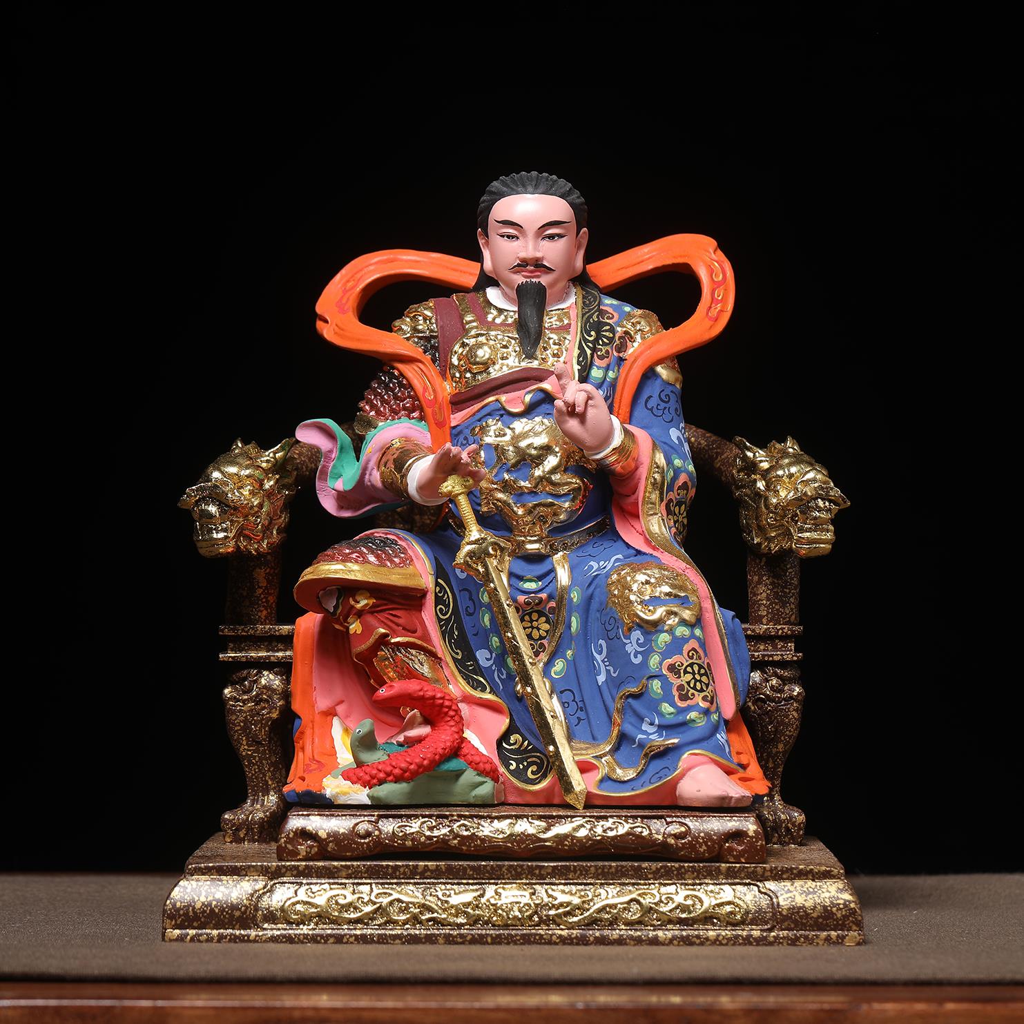 桧木精雕彩绘描金真武大帝尊神玄天大帝佑圣真君摆件装饰品实木