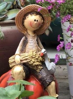 花美式乡村小品男孩女孩QEO精灵家园装饰庭院居农场摆件花架造景