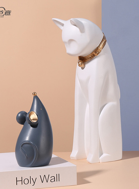 创意猫鼠卡通几何摆件北欧轻奢客厅卧室酒柜装饰品现代简约工艺品