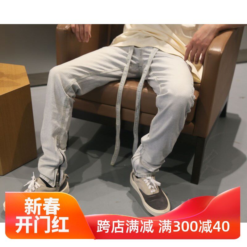 FOG高品质6TH浅蓝色抽绳飘带修身小直筒做旧反水洗侧拉链牛仔裤潮