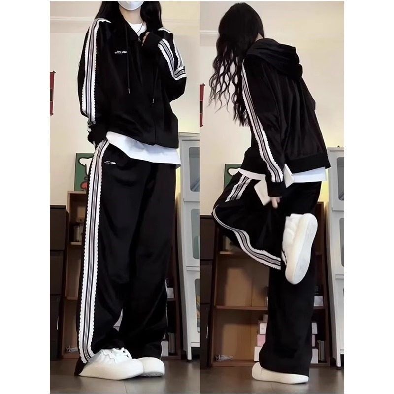 特大码300斤休闲运动服套装男女秋冬开衫连帽卫衣宽松阔腿裤两件2