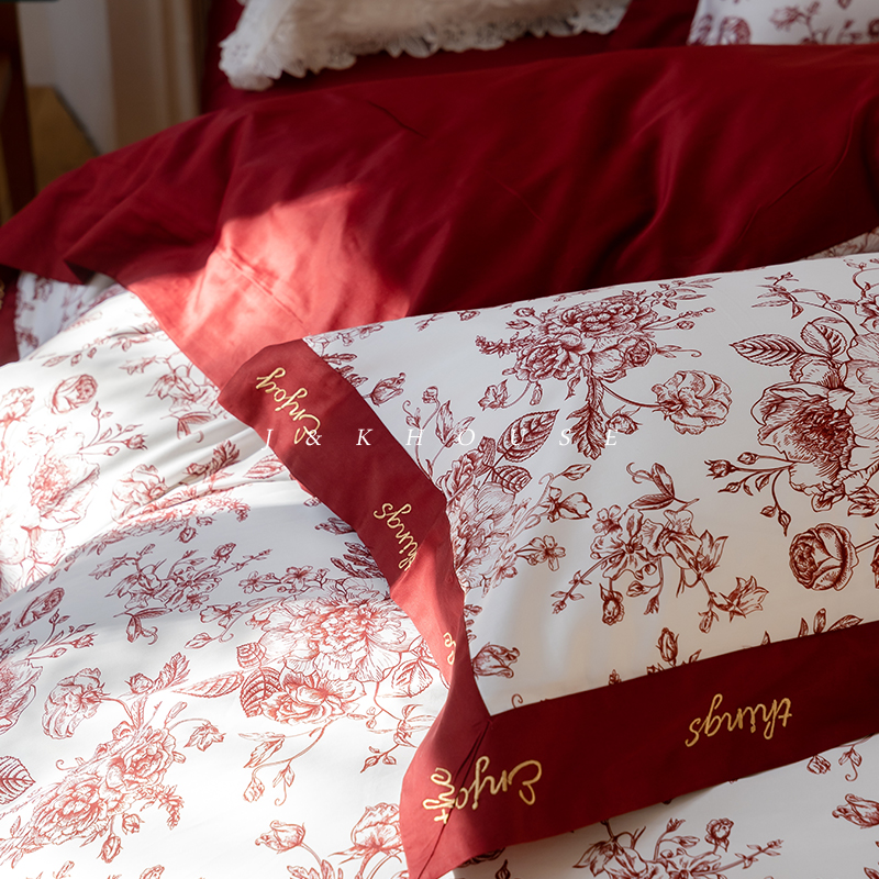 结婚庆红色轻奢高级感床上四件套纯棉全棉100支刺绣床单法式床品