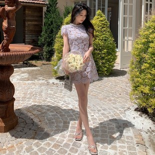香芋紫色蕾丝短袖圆领气质漂亮连衣裙高级感今年流行出游出片战袍