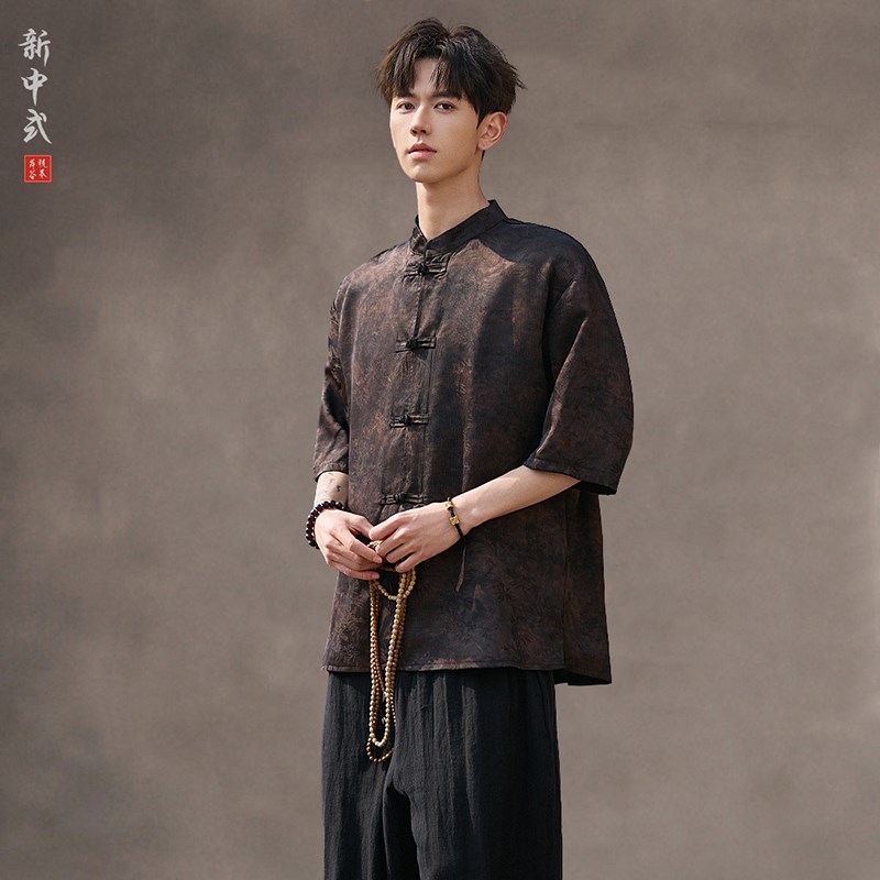 新中式夏季薄款透气唐装衬衫中国风宽松大码盘扣中山装短袖男半袖