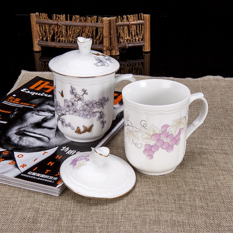 景镇茶杯水杯带盖办公杯陶瓷盖杯会议杯办公室待客骨瓷杯子套装