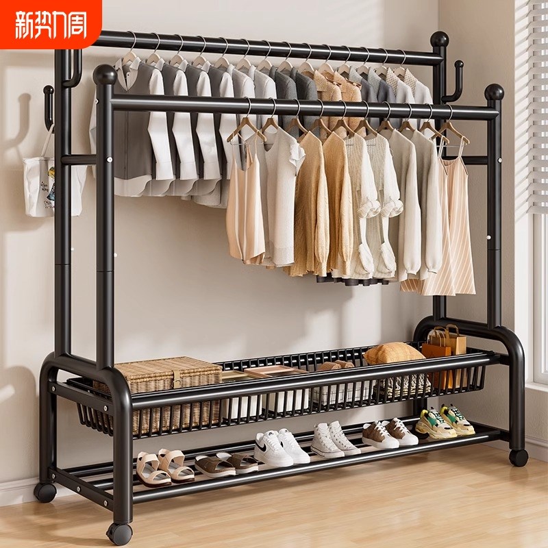 挂衣架卧室落地家用房间室内双杆晾晒衣服架子可移动多功能衣帽架