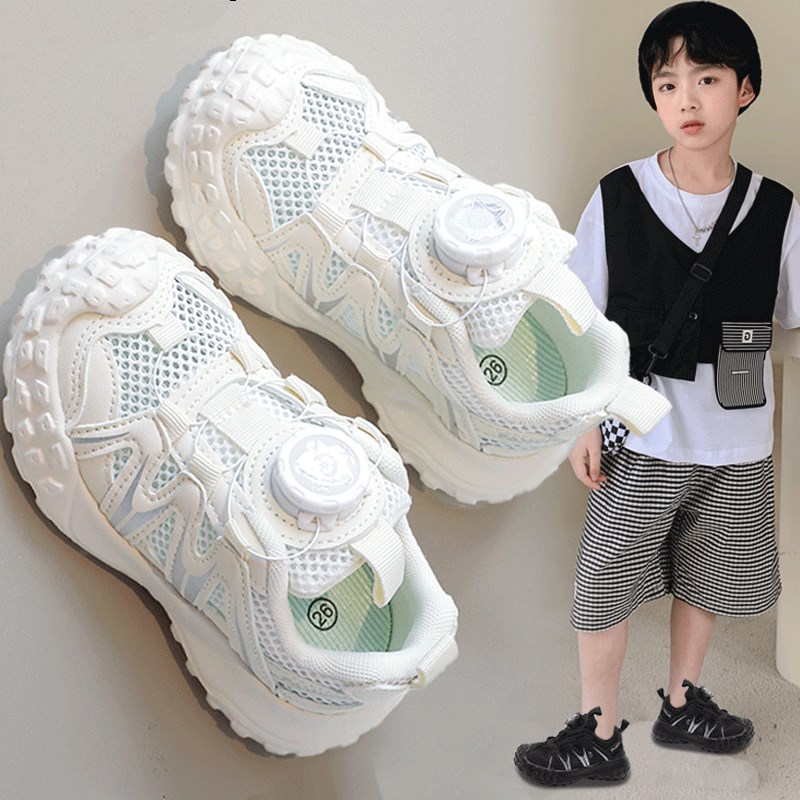 男童鞋夏季2024新款儿童网面透气小白鞋男孩旋钮单网运动鞋小学生