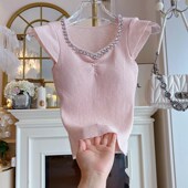 短款 夏季 上衣 短袖 t恤女装 新款 V领镶钻重工粉色纯欲风带胸垫小飞袖