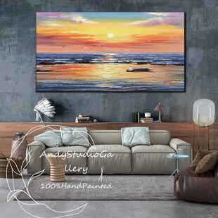 大芬村纯手绘油画现代抽象海上日出风景客厅装饰画办公Z室书房挂