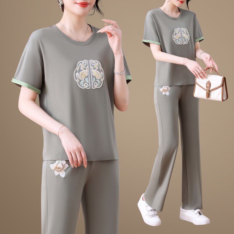 运动服套装女夏装妈妈新中式国风时尚洋气短袖T恤冰丝休闲两件套