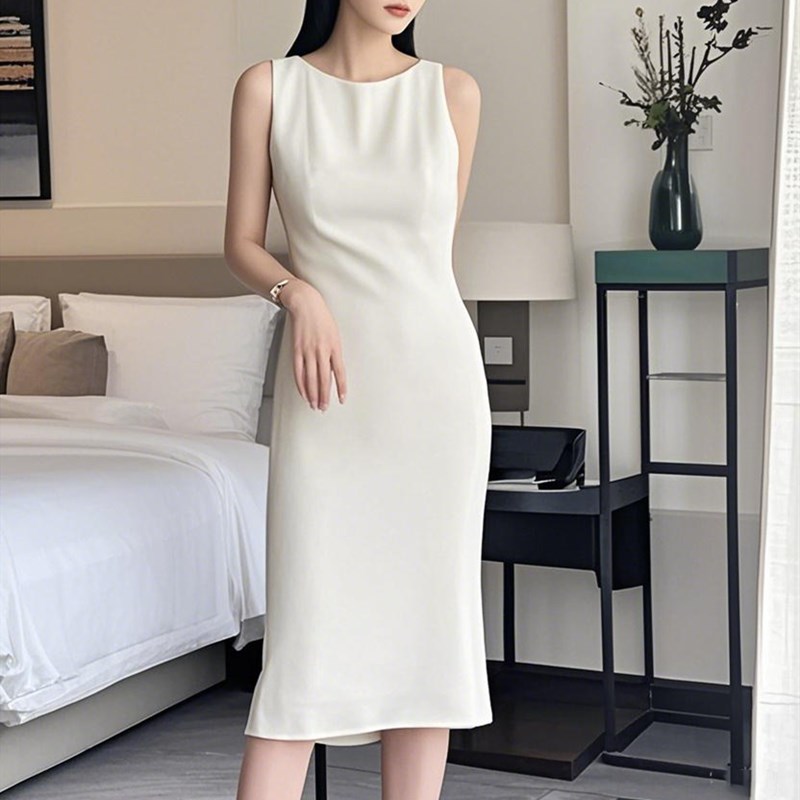th白色鱼尾裙气质通勤职业上班裙背心裙醋酸修身无袖连衣裙女春夏