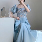 高级感重工提花珍珠吊带连衣裙女夏季 2024新款 方领收腰拼接长裙子