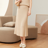 秋冬中长款 过膝高腰半身裙女100纯山羊绒百褶裙A字针织大摆伞裙子