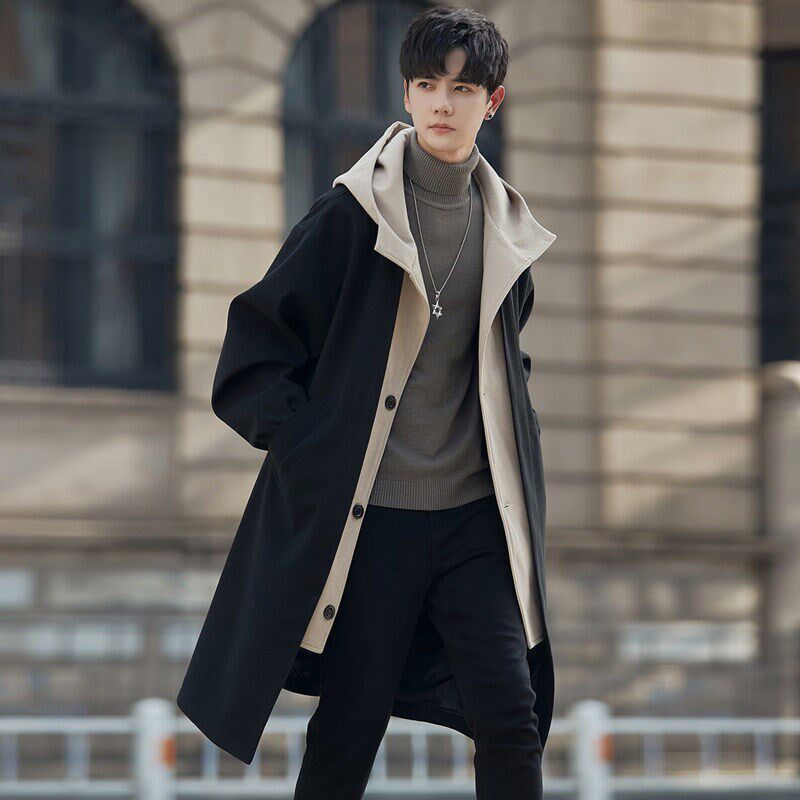 高端连帽假两件风衣外套男韩版潮流英伦风撞色秋冬季加厚男装大衣