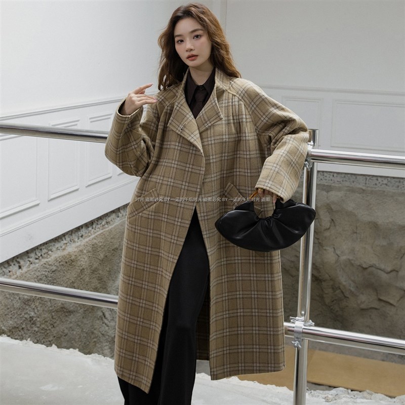 冬显瘦新款羊毛双面呢格子大衣女长款茧型复古气质毛呢外套6988
