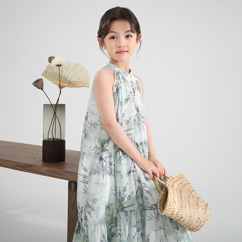 新中式女童旗袍裙中长款改良版汉服中国风夏季飒气人棉雪纺碎花裙