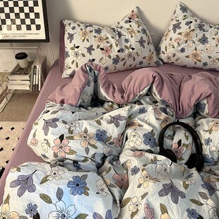 田园风紫色小碎i花水洗棉床品四件套全棉被套床单少女心宿舍三件