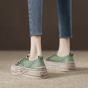 复古头层牛皮绿色小白鞋女2024春夏新H款休闲板鞋透气软底运动单