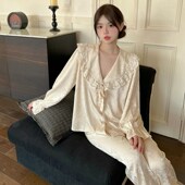 冰丝长袖 长袖 秋季 睡衣女春秋2025新款 高级感宽松W蕾丝家居服套装