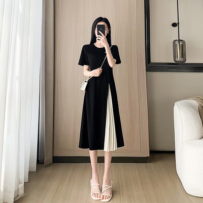 时尚拼接黑色连衣裙女夏季2025新款轻奢高级感气质中长款a字裙子