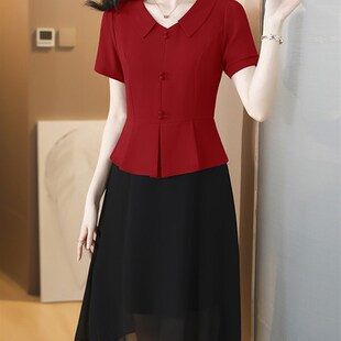 夏季 妈妈装 气质收腰显瘦短袖 时尚 假两件裙子 雪纺连衣裙女夏装 新款