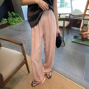 夏季 女高腰垂感直筒系带拖地休闲凉凉裤 新款 棉麻阔腿裤 子 薄款 韩版