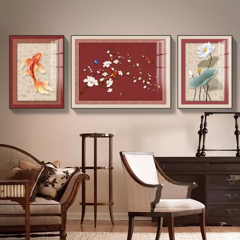 新中式客厅装饰画中国风花鸟沙发背景墙福星高照高档葫芦三联壁画