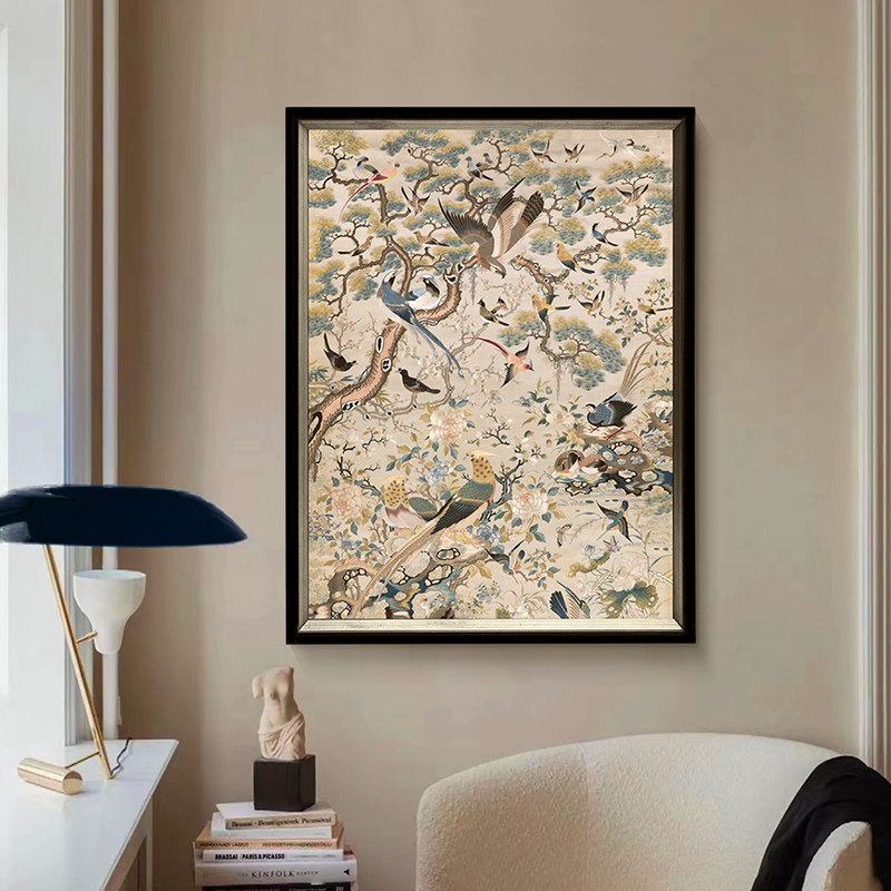 《花鸟祥和图》法式中古风餐厅装饰画新中式O客厅挂画复古艺术壁