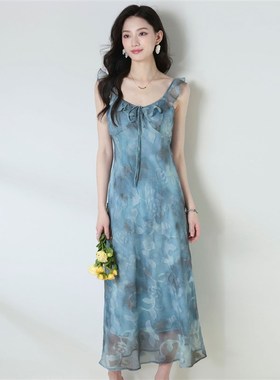 25夏季V领荷叶边系带晕染印花吊带长裙收腰显瘦度假风连衣裙25199