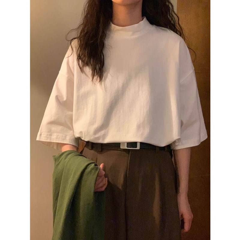 特大码300斤夏季新款宽松美式复古白色小高领短袖t恤男女半袖上衣