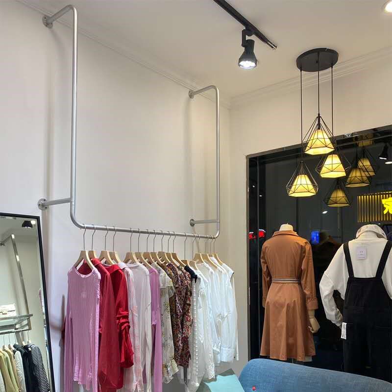 服装店展示架银色铁艺侧挂货架上C墙吊顶女装吊架陈列架U悬挂衣架