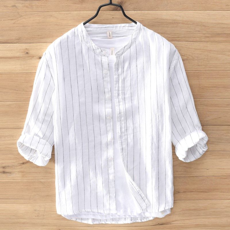 亚麻立领条纹衬衫男七分袖夏季薄款宽松潮流日系复古棉麻衬衣中袖,男装,衬衫,淘宝优惠券,粉丝福利购,淘宝优惠卷