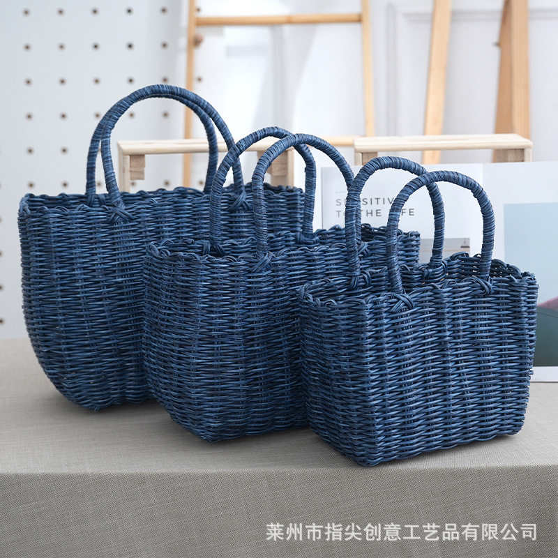 复古塑料手工编织篮彩色手提菜篮图片