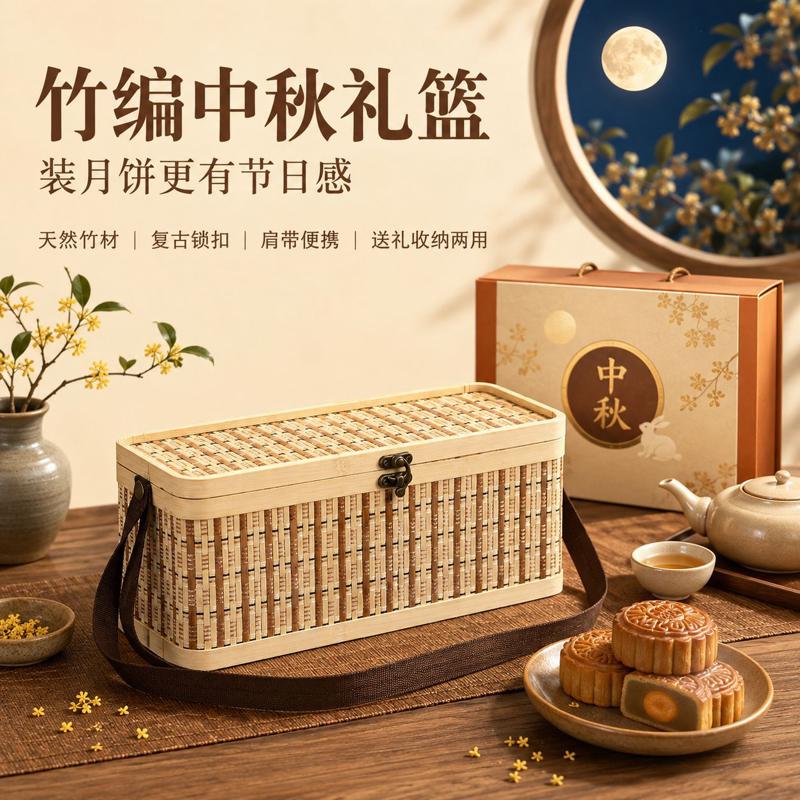中秋月竹编篮子月饼包装礼盒空盒2026年高档新中式国风礼品盒子