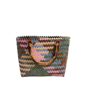 小众油彩撞色塑料编织包新款手工编织草编包度假沙滩包方形手提包